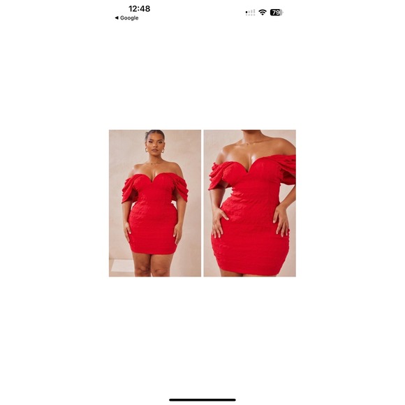 PrettyLittleThing Women's Red Off Shoulder Mini Dress Size 14 Ruched Party - Picture 6 of 7
